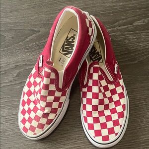 Vans Women’s Red and White Checkered Slip-On Sneakers